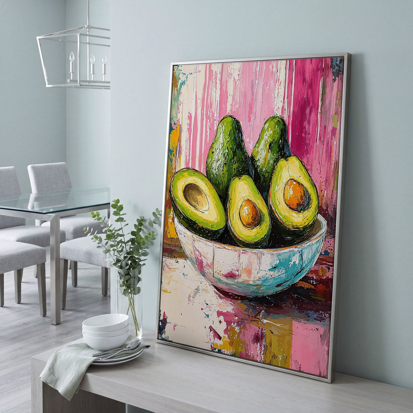 Avocado Bowl on Fuchsia Canvas Art in silver floating frame