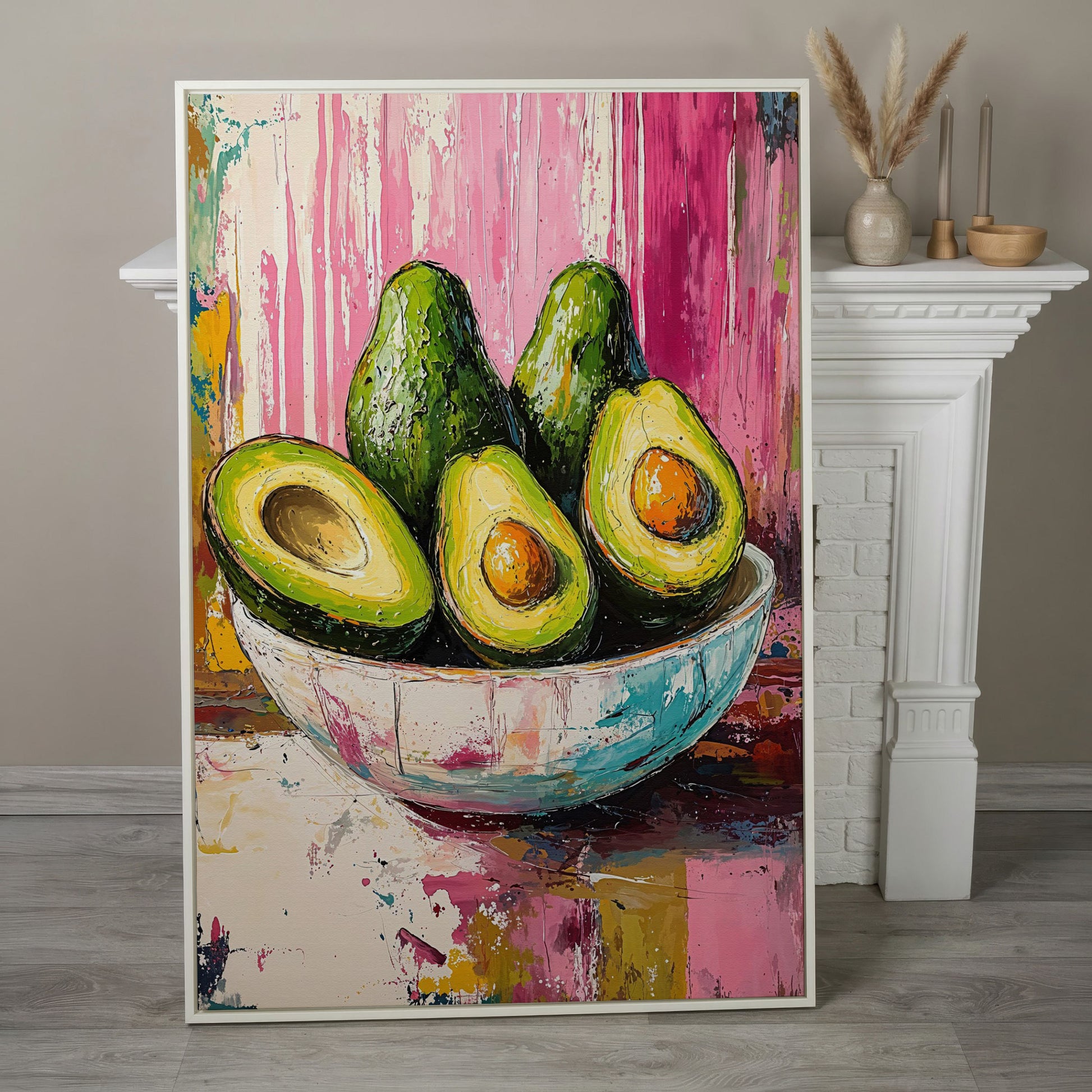 Avocado Bowl on Fuchsia Canvas Art in white floating frame