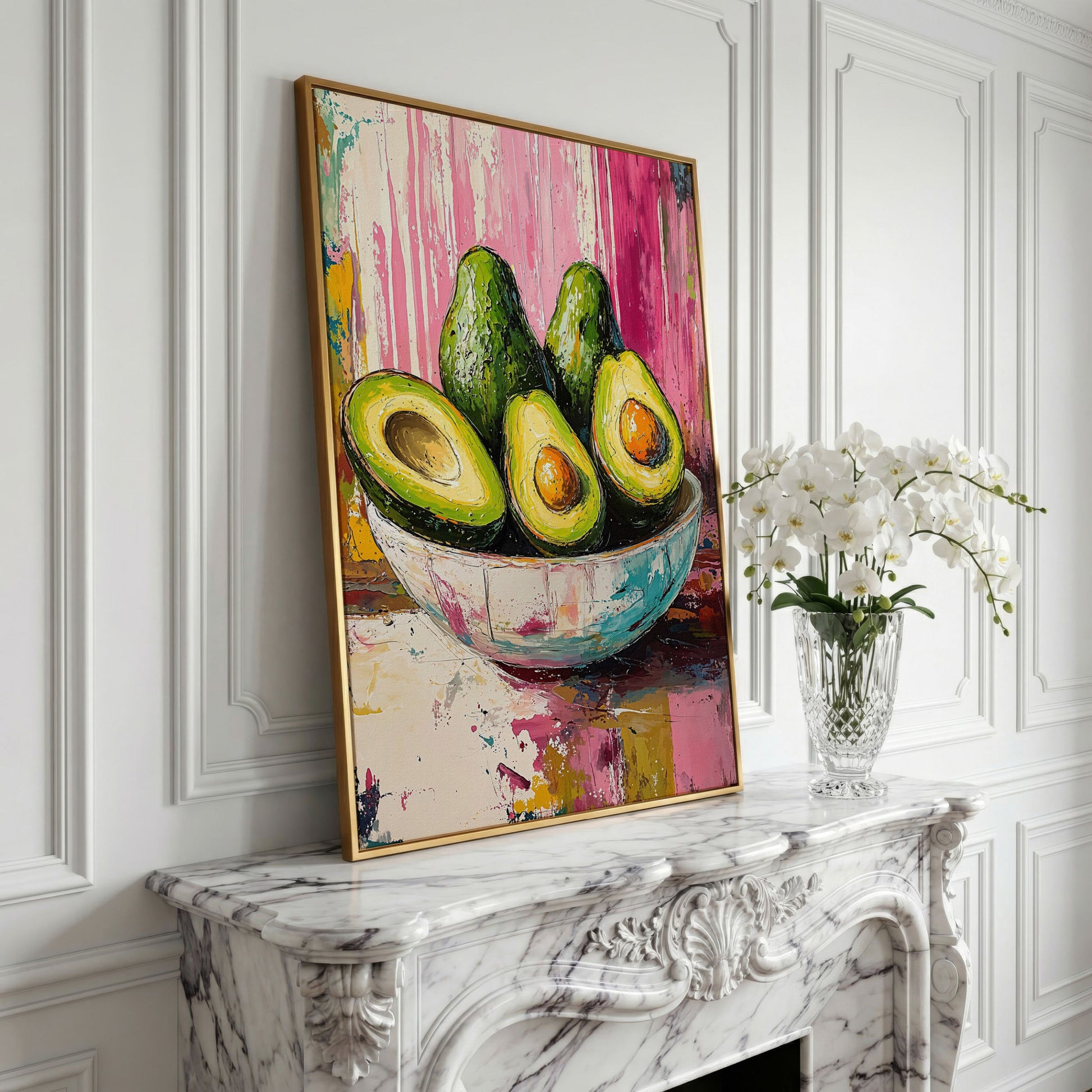 Avocado Bowl on Fuchsia Canvas Art in yellow gold floating frame