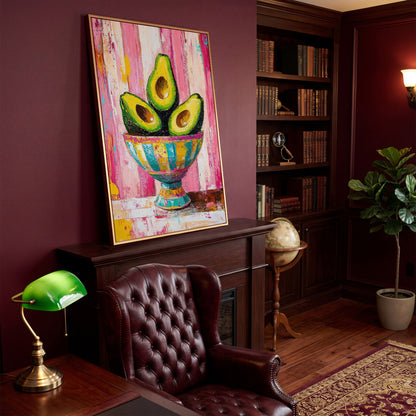 Avocado Trio in Pink Bowl Canvas Print in antique gold floating frame