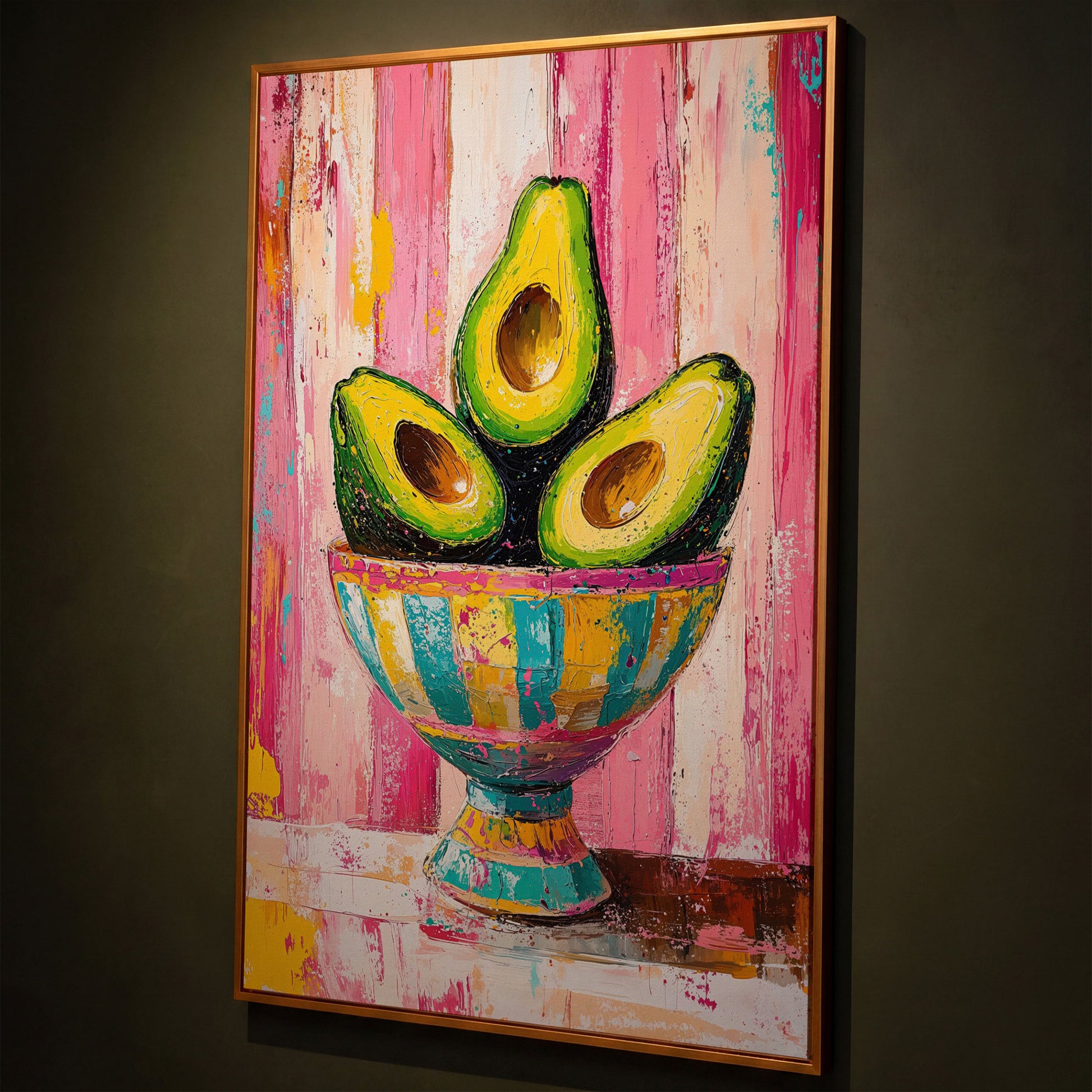 Avocado Trio in Pink Bowl Canvas Print shown in antique gold floating frame