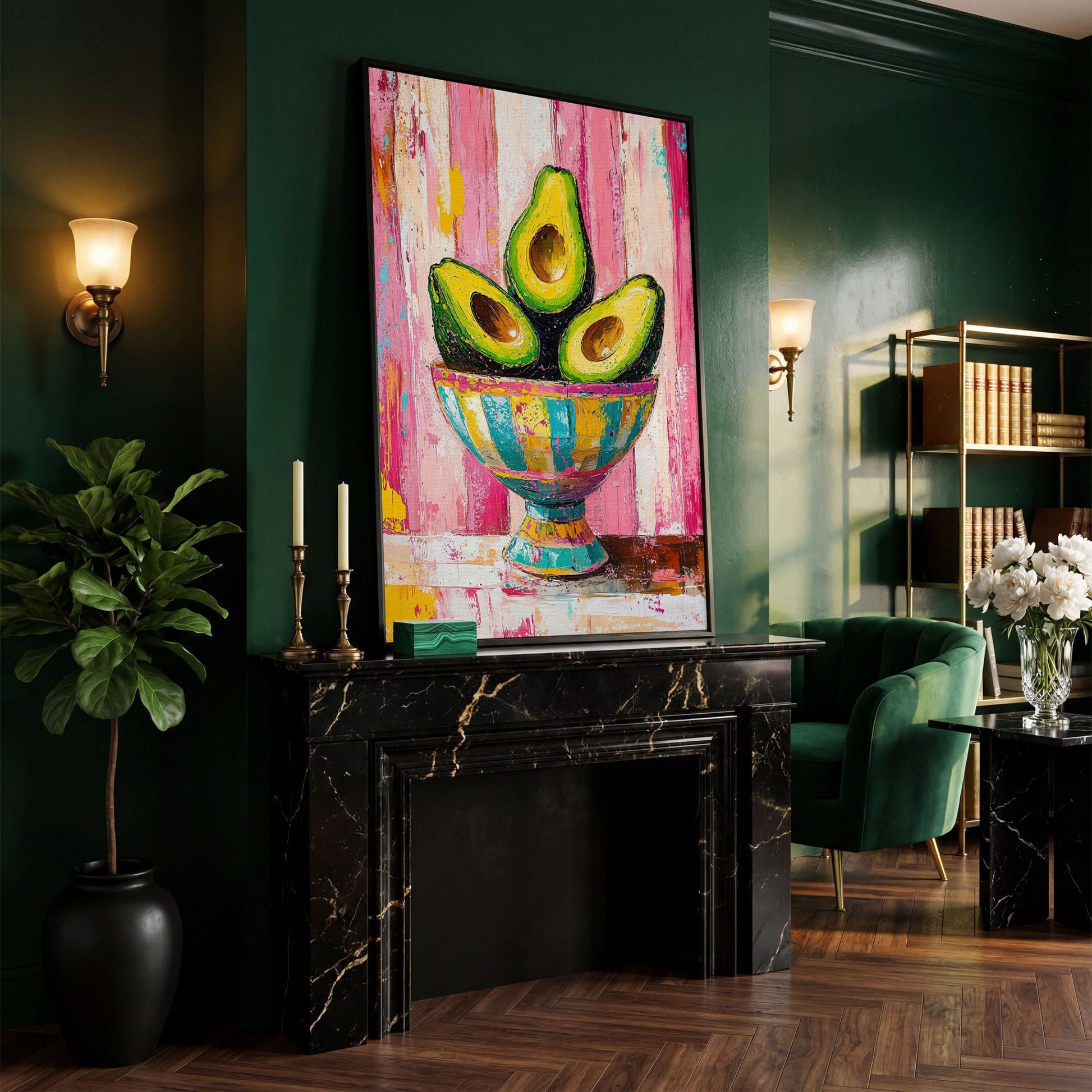 Avocado Trio in Pink Bowl Canvas Print in black floating frame