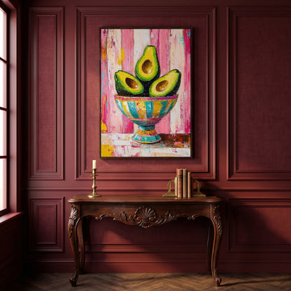 Avocado Trio in Pink Bowl Canvas Print in dark walnut floating frame
