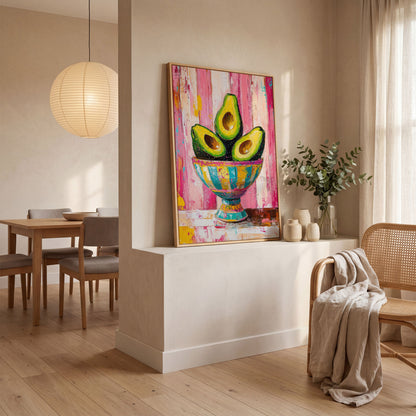 Avocado Trio in Pink Bowl Canvas Print in white oak floating frame