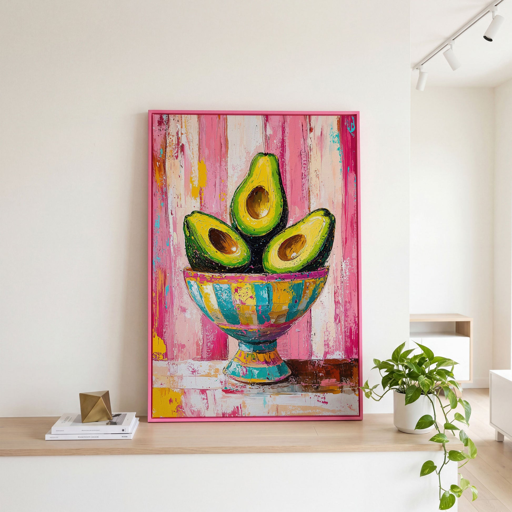 Avocado Trio in Pink Bowl Canvas Print in pink floating frame