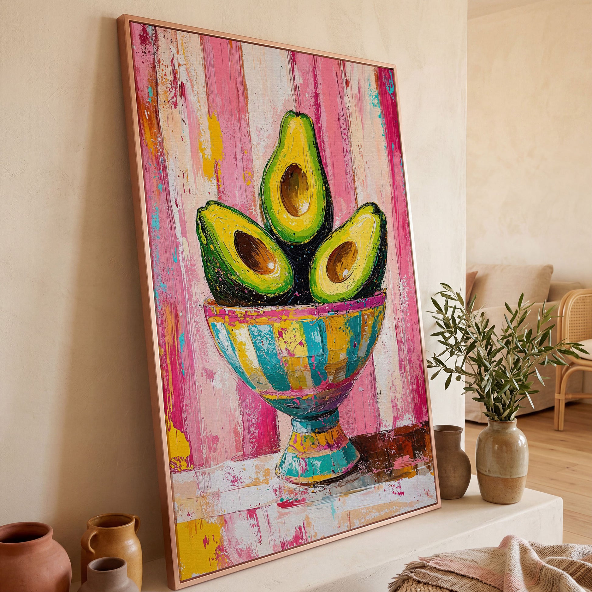Avocado Trio in Pink Bowl Canvas Print in rose gold floating frame