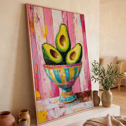 Avocado Trio in Pink Bowl Canvas Print in rose gold floating frame