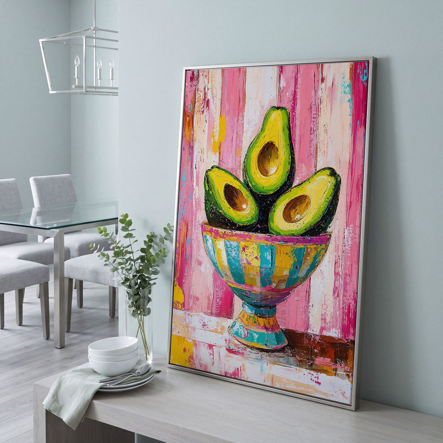 Avocado Trio in Pink Bowl Canvas Print in silver floating frame