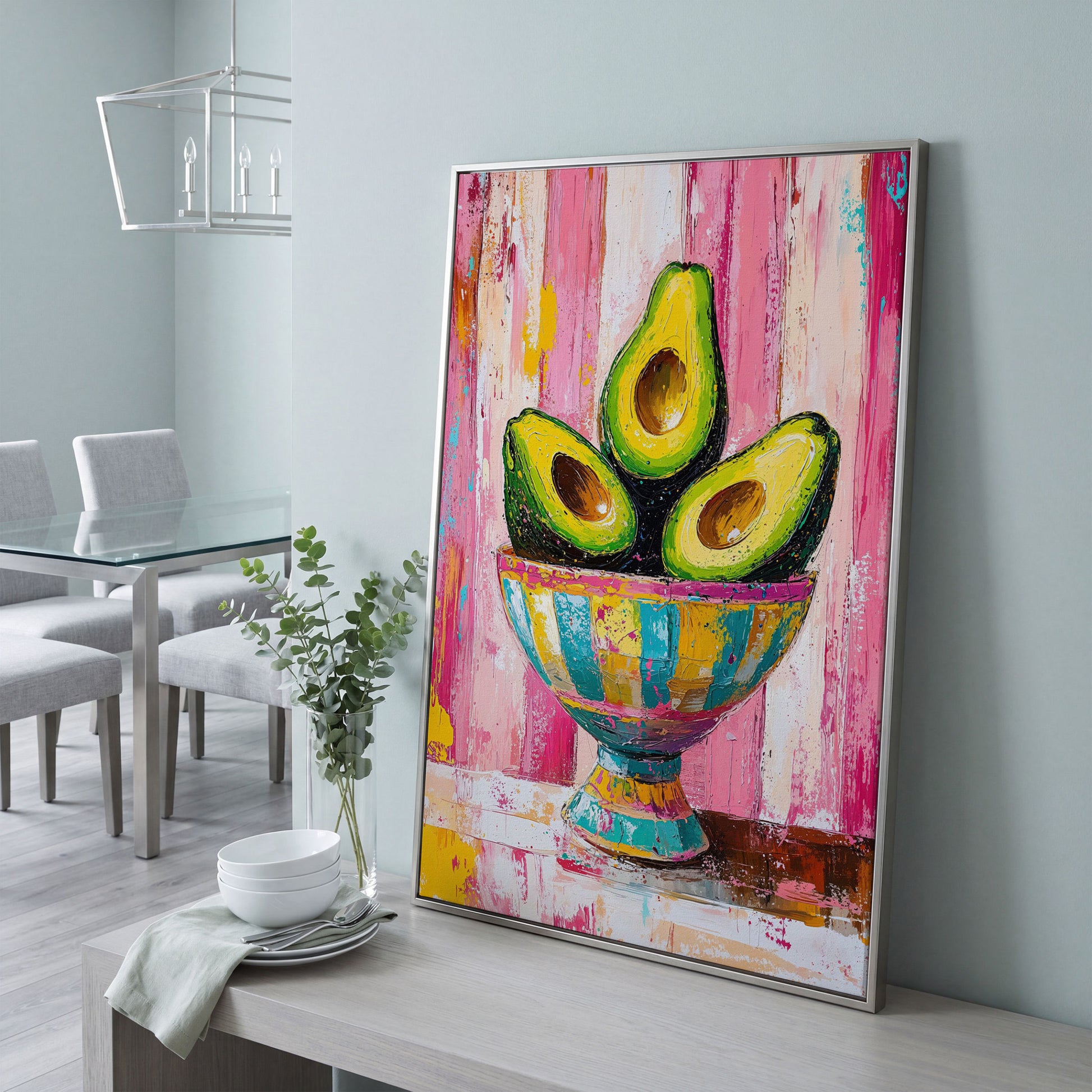 Avocado Trio in Pink Bowl Canvas Print in silver floating frame
