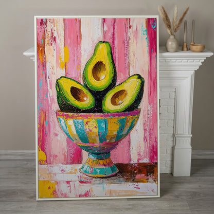 Avocado Trio in Pink Bowl Canvas Print in white floating frame
