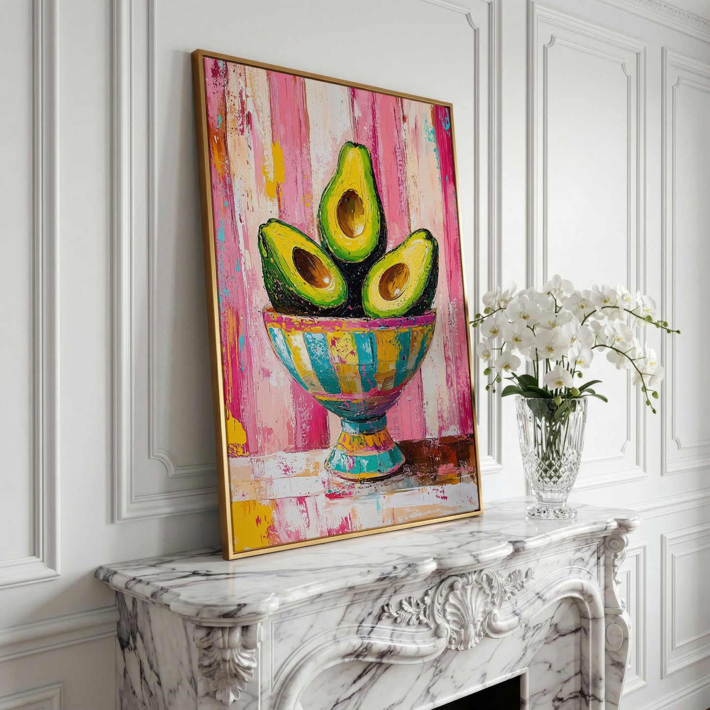 Avocado Trio in Pink Bowl Canvas Print in yellow gold floating frame