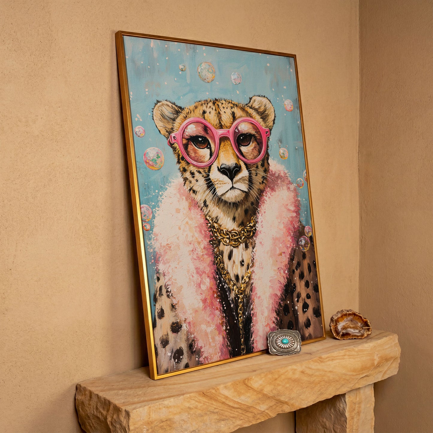 Cheetah with Pink Glasses Canvas Print in antique gold floating frame