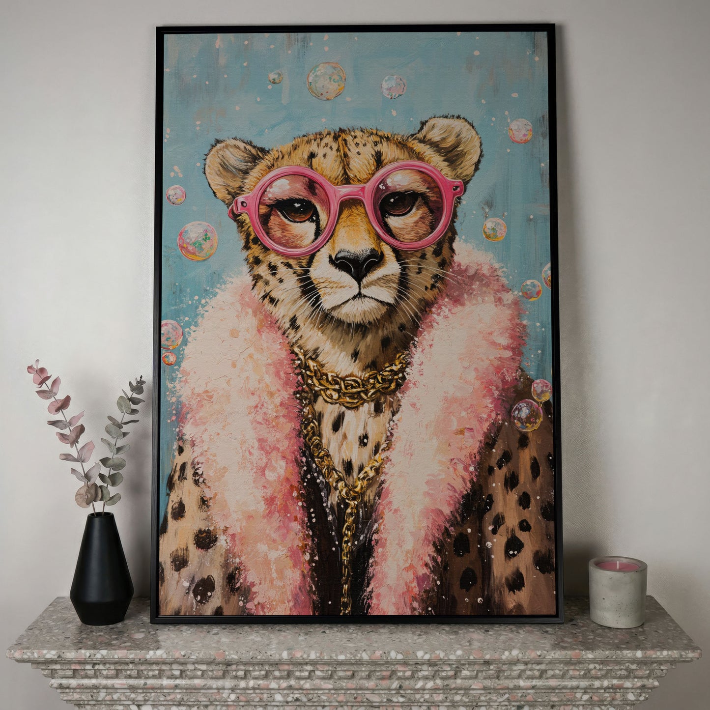 Cheetah with Pink Glasses Canvas Print in black floating frame