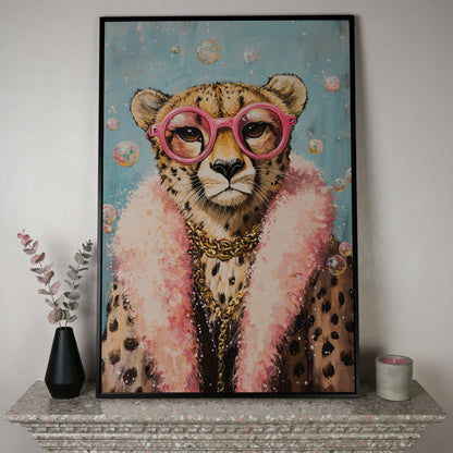 Cheetah with Pink Glasses Canvas Print in black floating frame