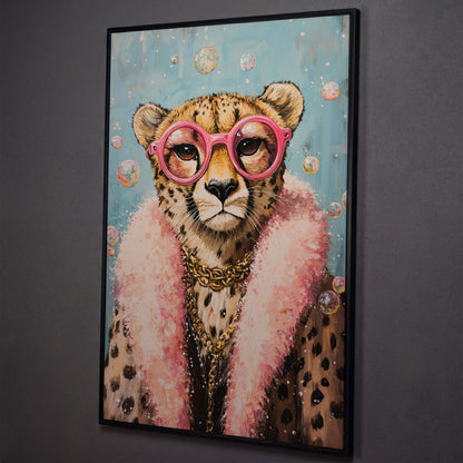 Cheetah with Pink Glasses Canvas Print shown in black floating frame
