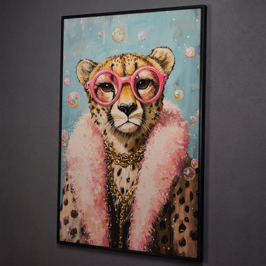 Cheetah with Pink Glasses Canvas Print shown in black floating frame