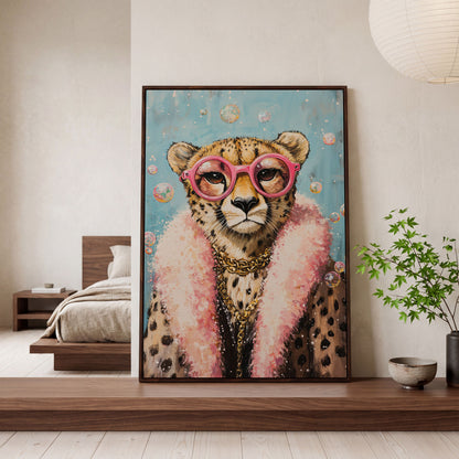Cheetah with Pink Glasses Canvas Print in dark walnut floating frame