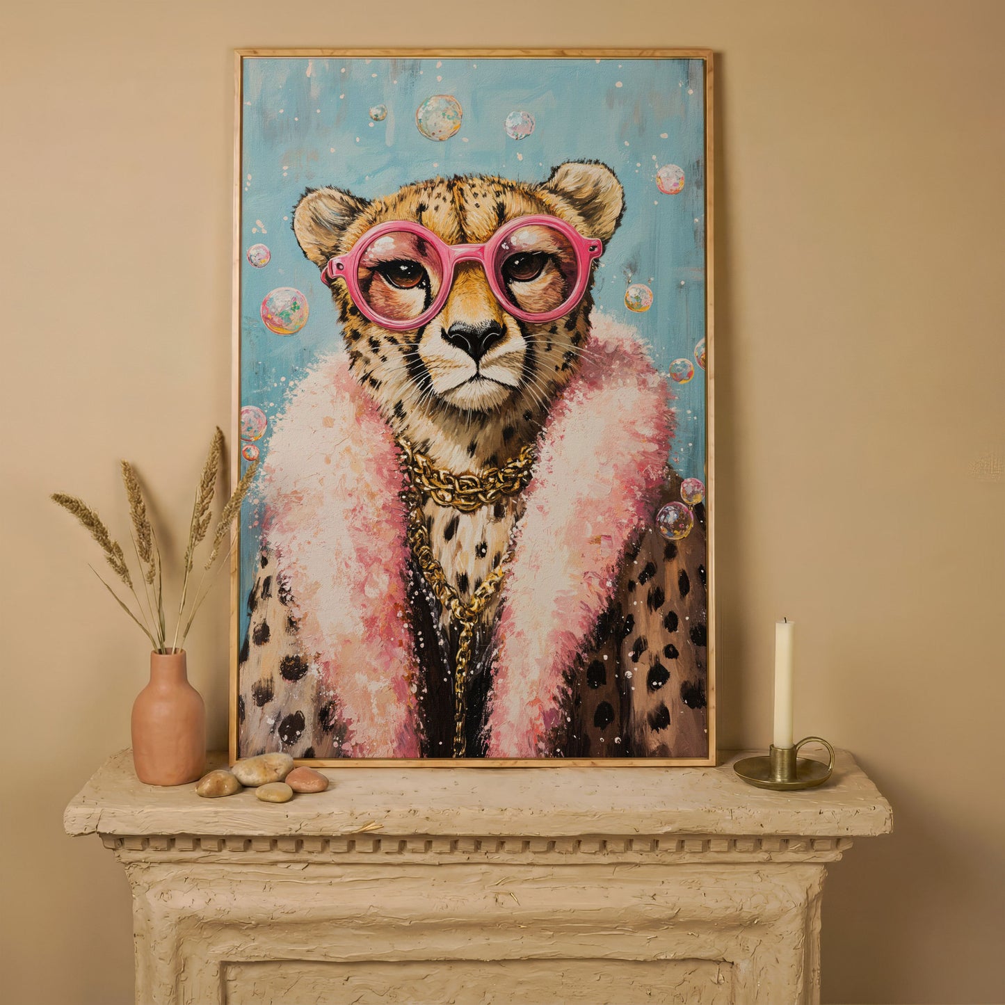 Cheetah with Pink Glasses Canvas Print in white oak floating frame