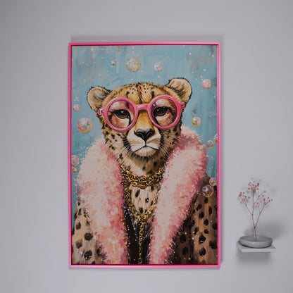 Cheetah with Pink Glasses Canvas Print in pink floating frame
