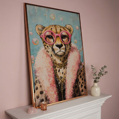 Cheetah with Pink Glasses Canvas Print in rose gold floating frame