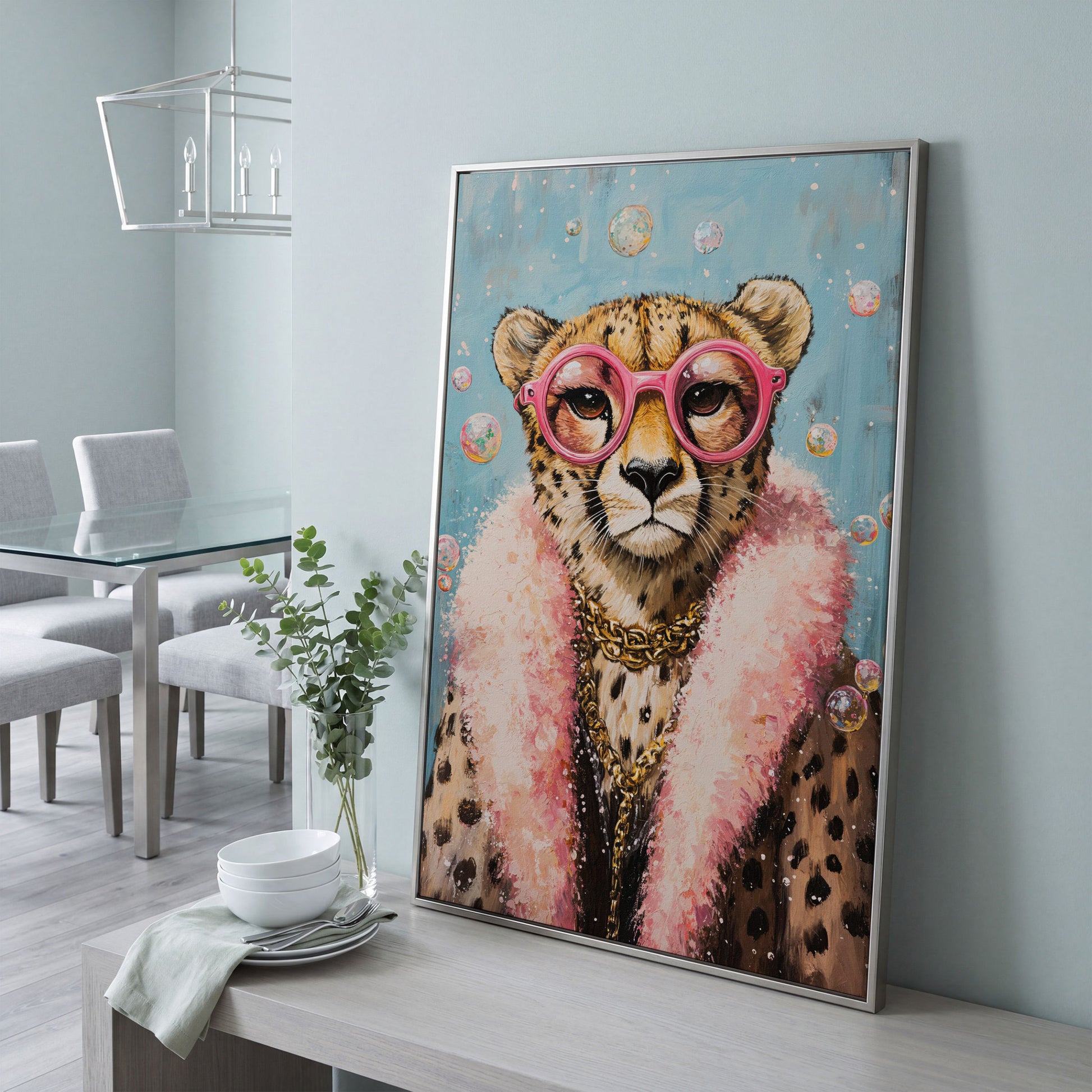 Cheetah with Pink Glasses Canvas Print in silver floating frame