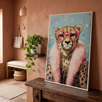 Cheetah with Pink Glasses Canvas Print in white floating frame