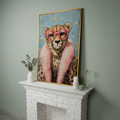 Cheetah with Pink Glasses Canvas Print in yellow gold floating frame