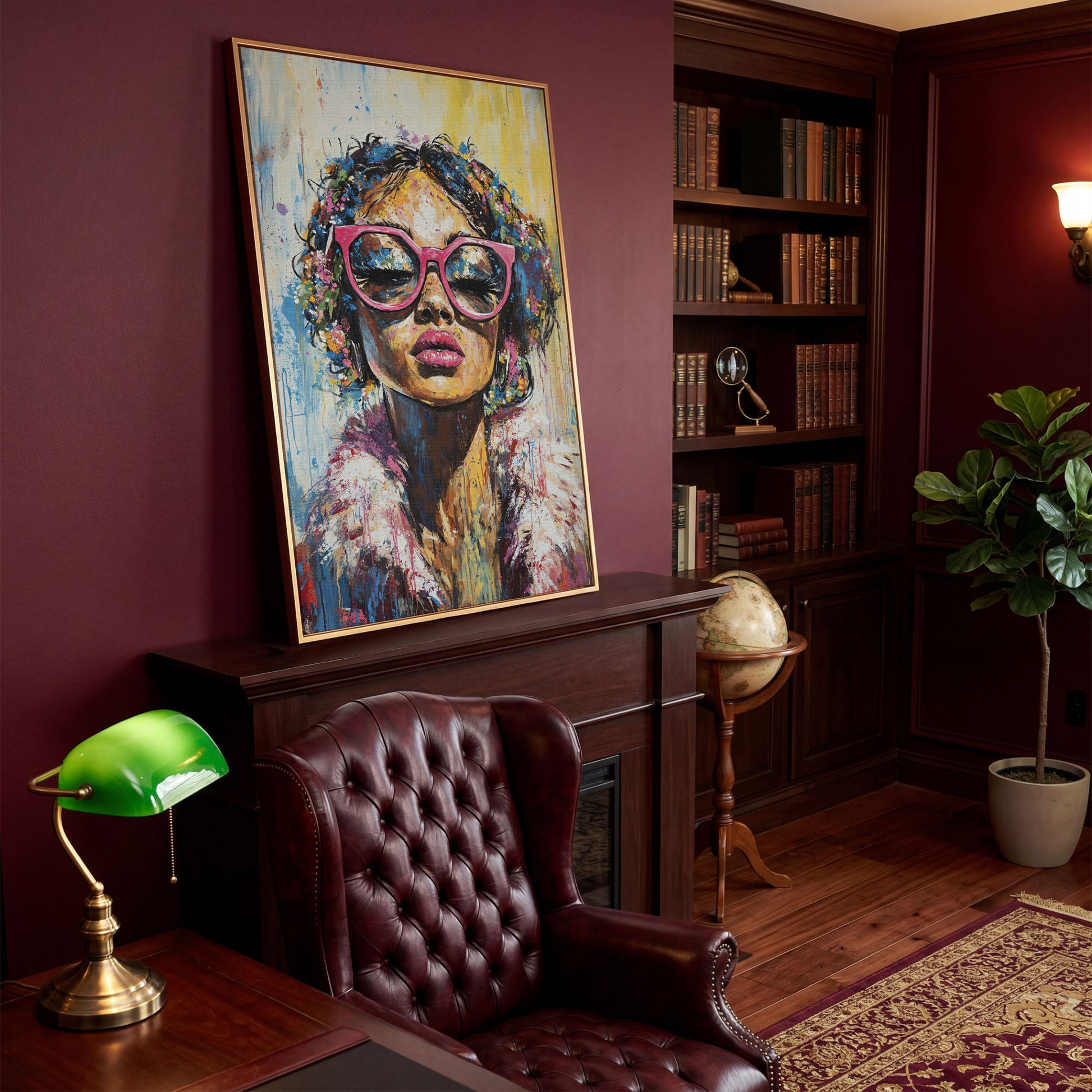 Fashionable Woman with Pink Glasses Canvas Print in antique gold floating frame
