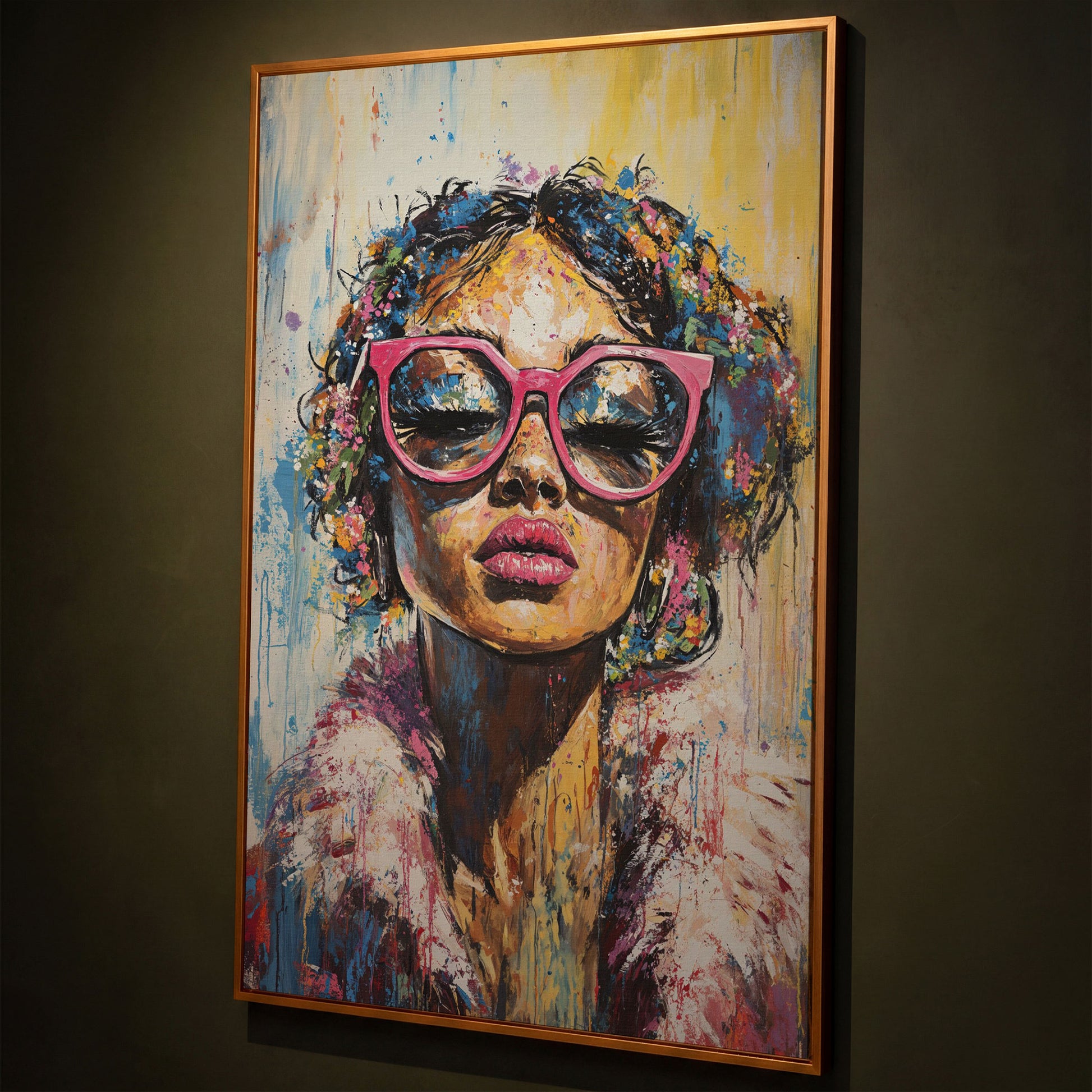 Fashionable Woman with Pink Glasses Canvas Print shown in antique gold floating frame