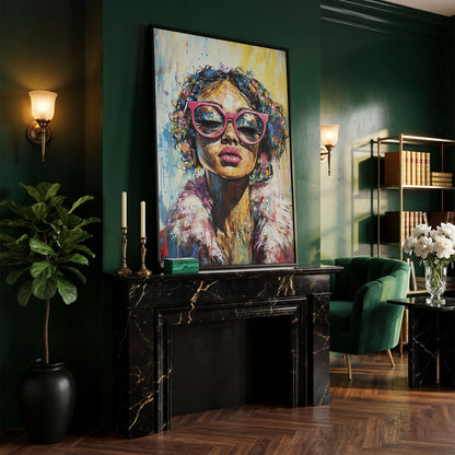 Fashionable Woman with Pink Glasses Canvas Print in black floating frame