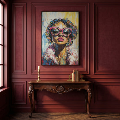 Fashionable Woman with Pink Glasses Canvas Print in dark walnut floating frame