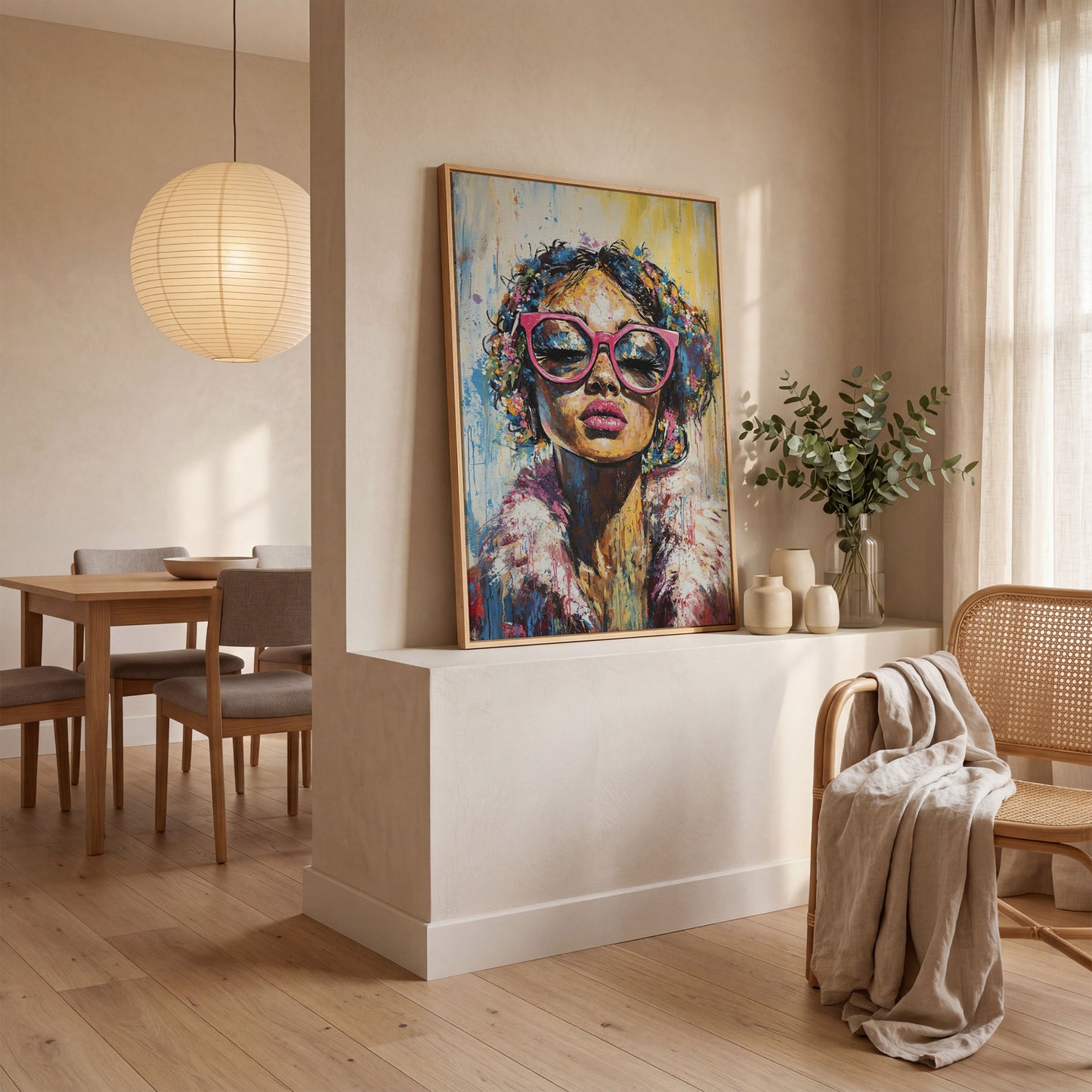 Fashionable Woman with Pink Glasses Canvas Print in white oak floating frame