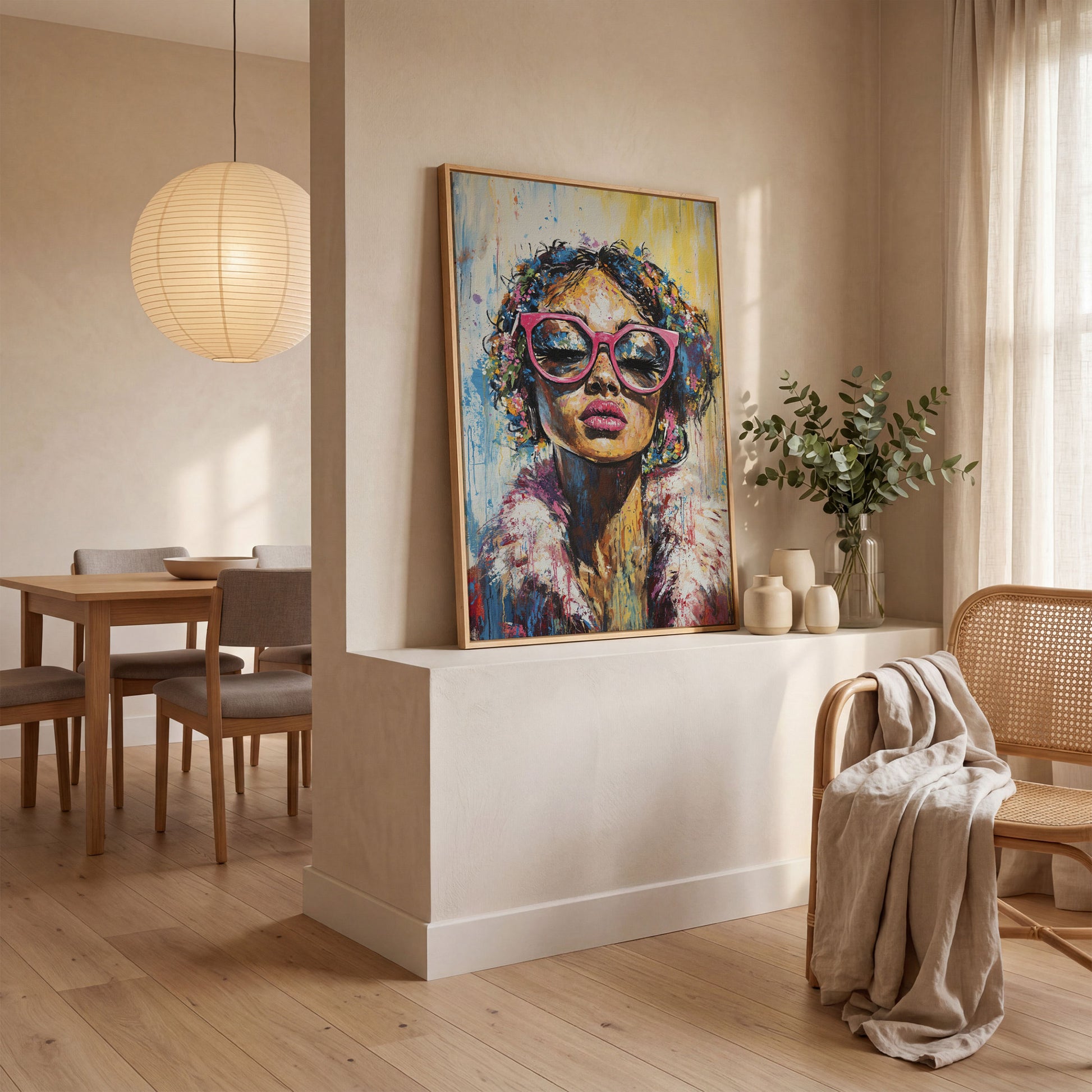 Fashionable Woman with Pink Glasses Canvas Print in white oak floating frame
