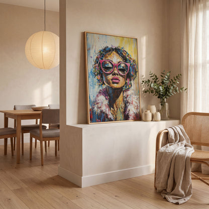 Fashionable Woman with Pink Glasses Canvas Print in white oak floating frame