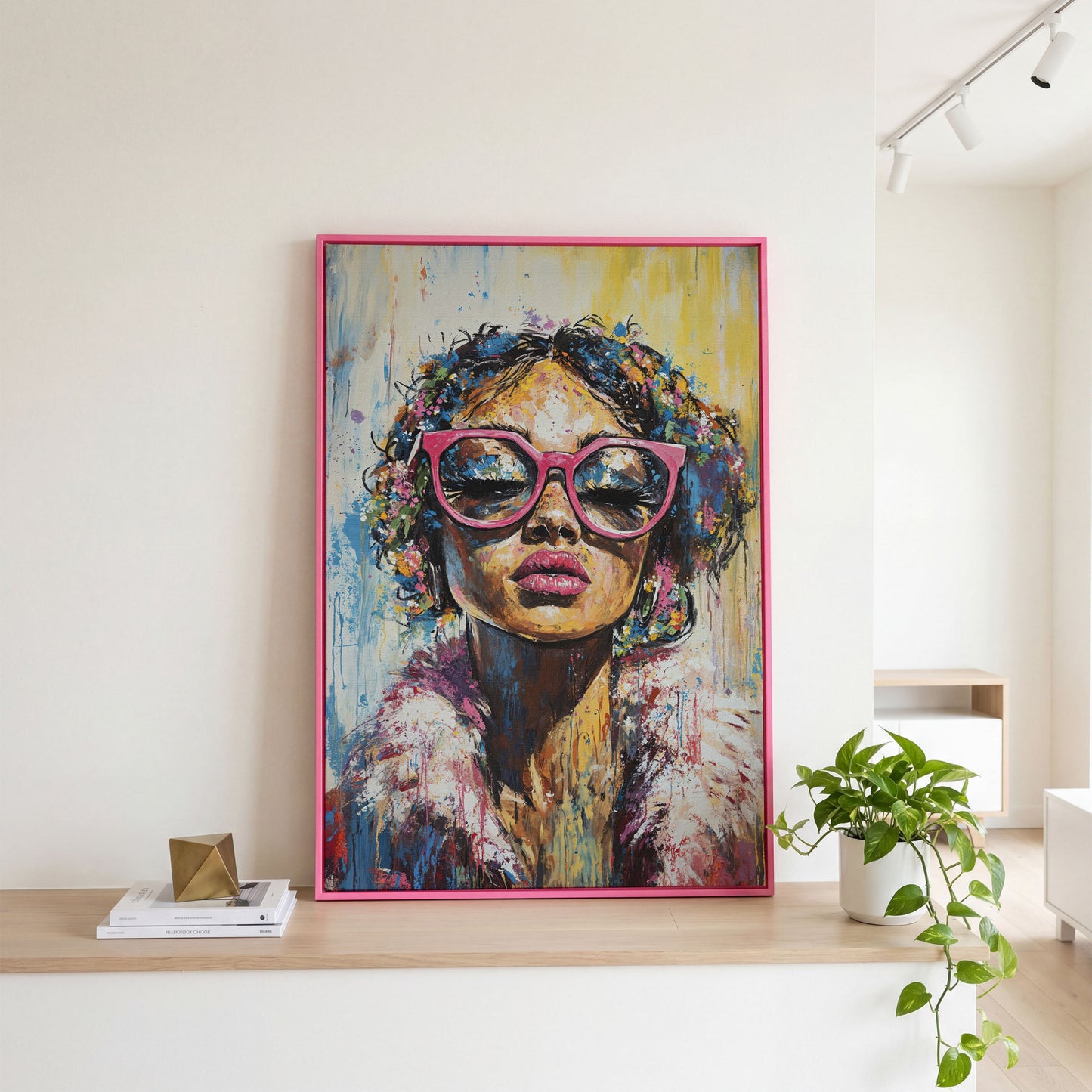 Fashionable Woman with Pink Glasses Canvas Print in pink floating frame