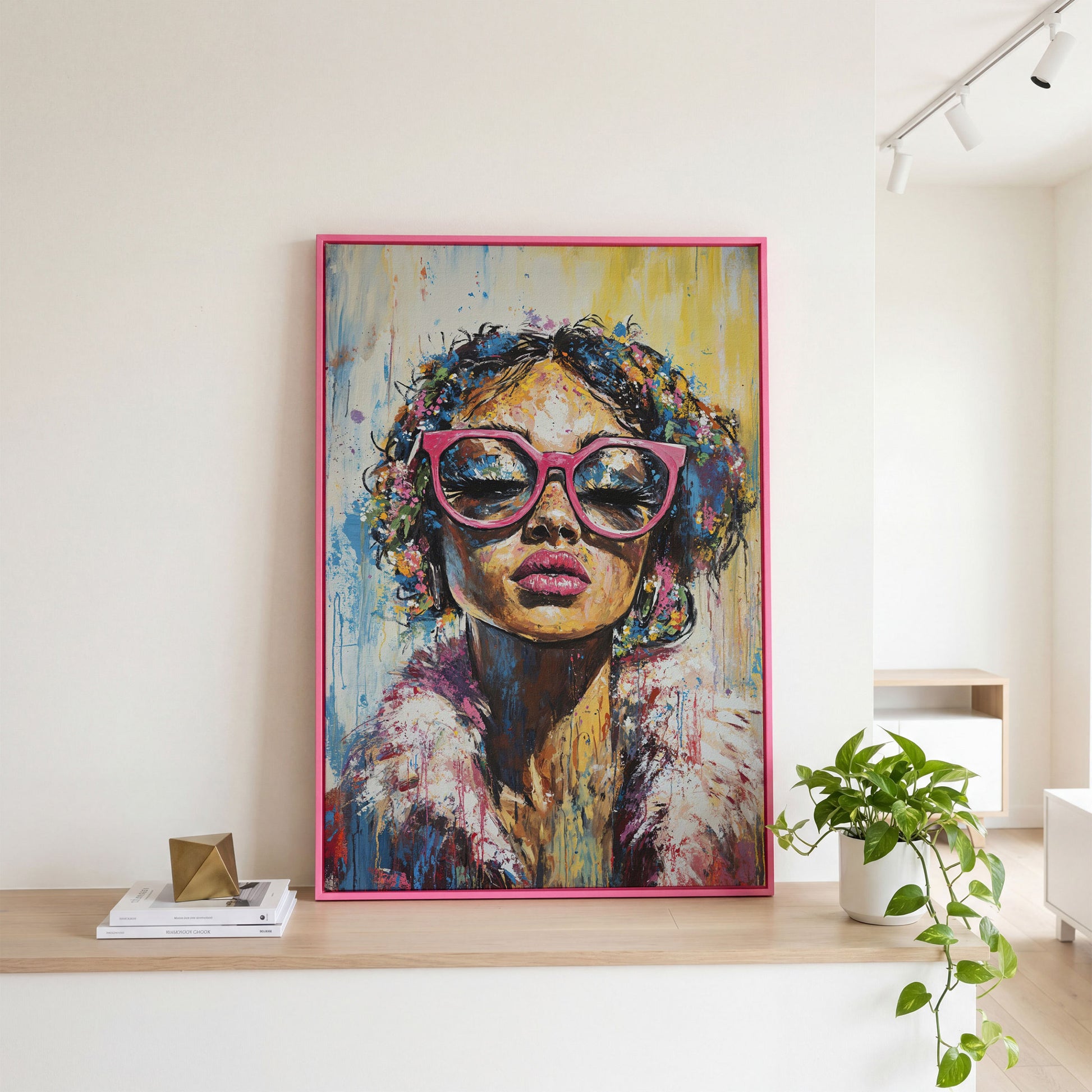Fashionable Woman with Pink Glasses Canvas Print in pink floating frame
