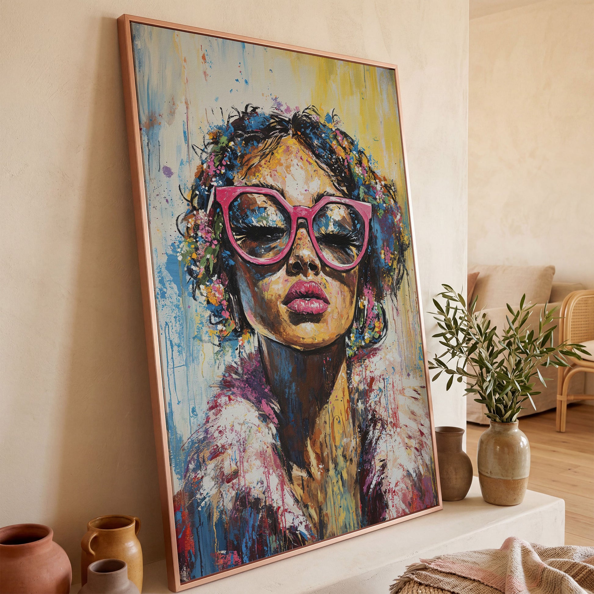 Fashionable Woman with Pink Glasses Canvas Print in rose gold floating frame