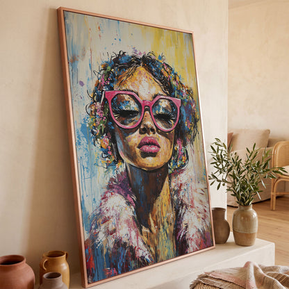 Fashionable Woman with Pink Glasses Canvas Print in rose gold floating frame