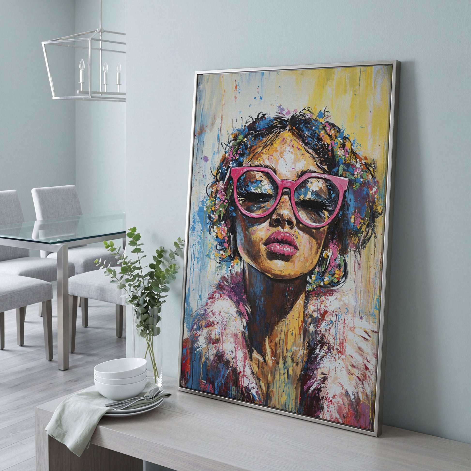 Fashionable Woman with Pink Glasses Canvas Print in silver floating frame
