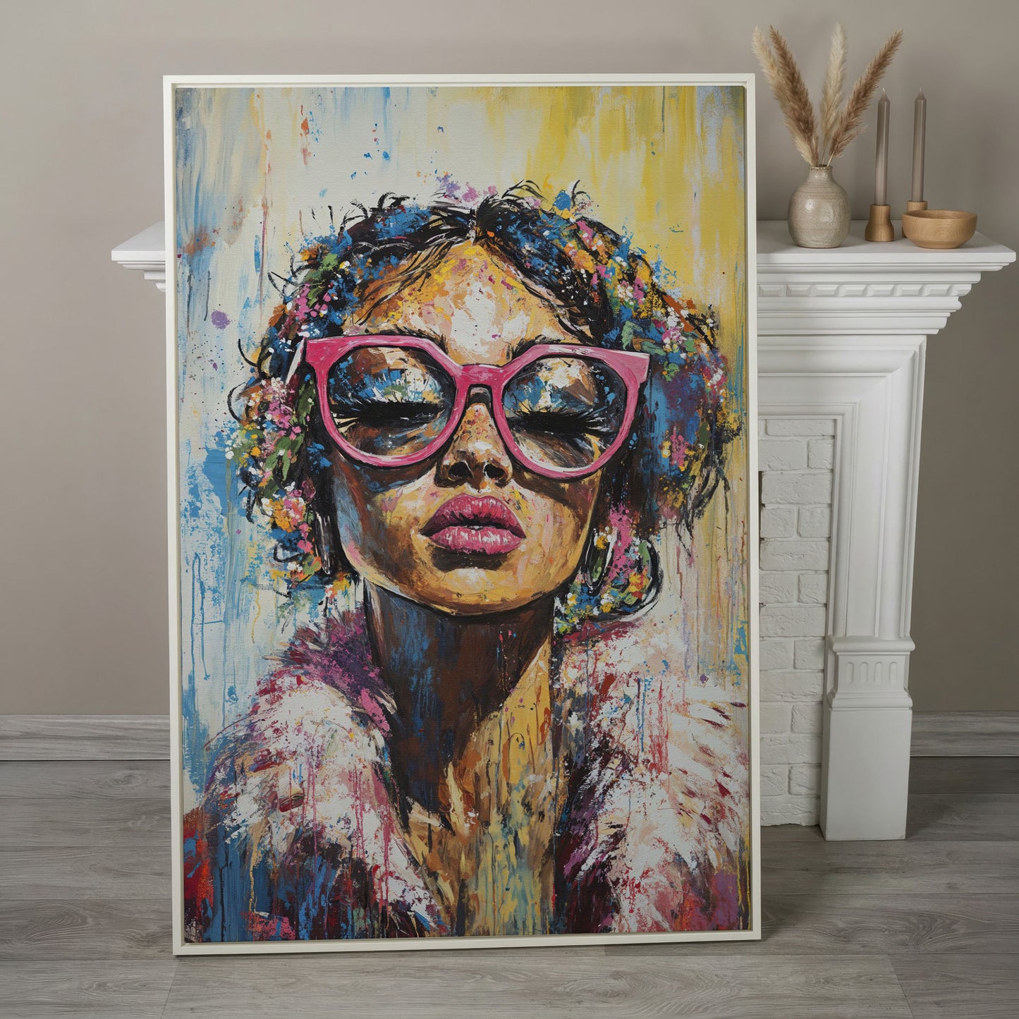 Fashionable Woman with Pink Glasses Canvas Print in white floating frame