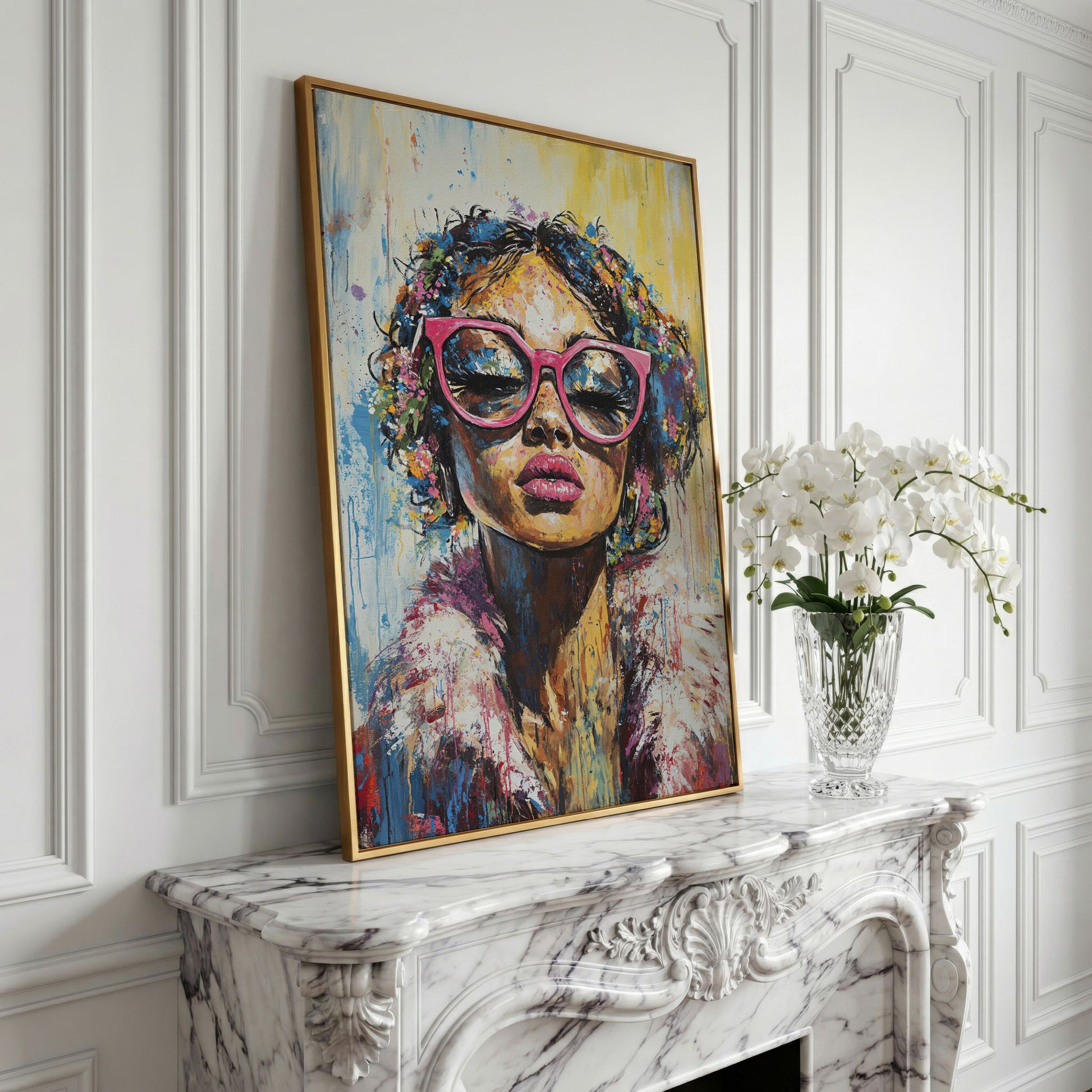 Fashionable Woman with Pink Glasses Canvas Print in yellow gold floating frame