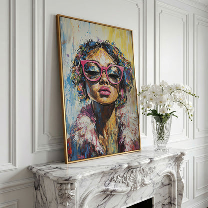 Fashionable Woman with Pink Glasses Canvas Print in yellow gold floating frame