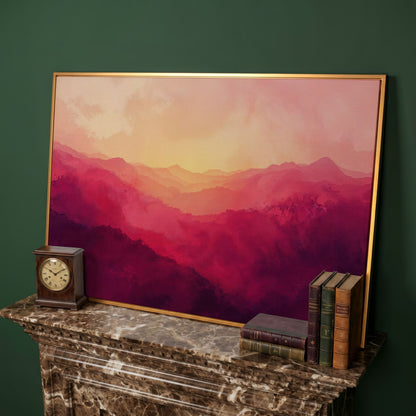 Pink Mountain Landscape Canvas Print with Hazy Horizon in antique gold floating frame