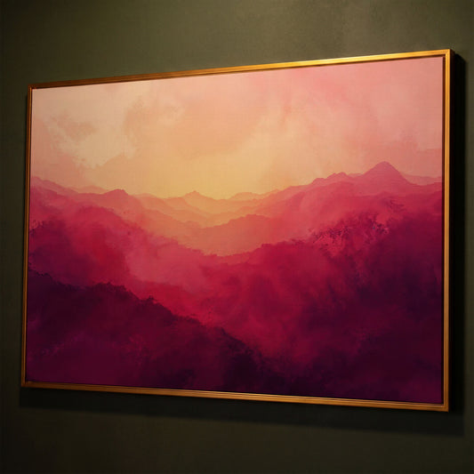 Pink Mountain Landscape Canvas Print with Hazy Horizon shown in antique gold floating frame