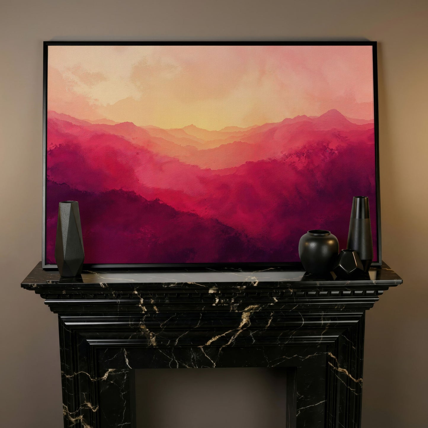 Pink Mountain Landscape Canvas Print with Hazy Horizon in black floating frame