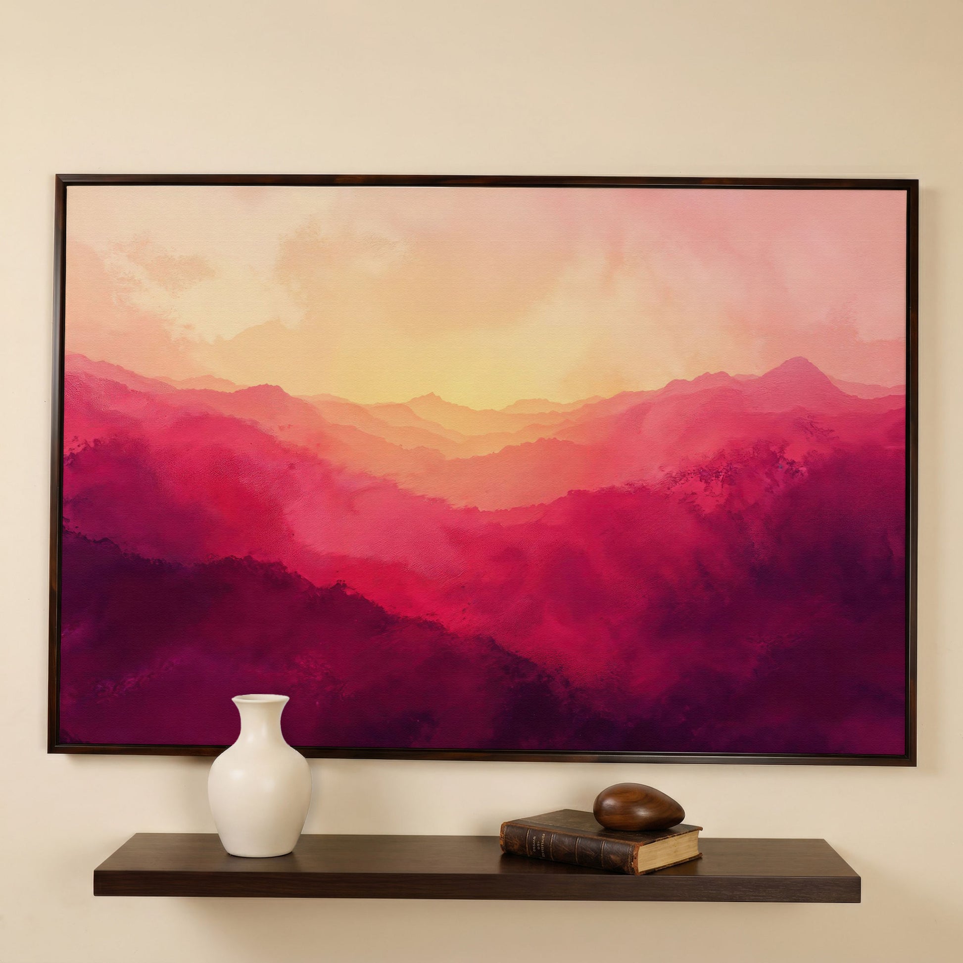 Pink Mountain Landscape Canvas Print with Hazy Horizon in dark walnut floating frame