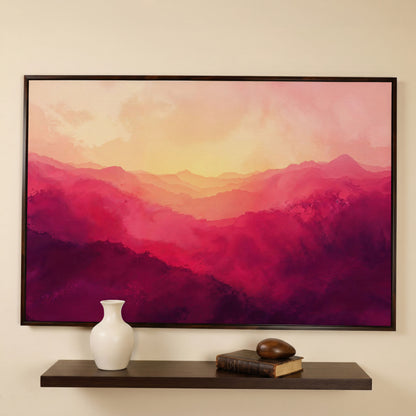 Pink Mountain Landscape Canvas Print with Hazy Horizon in dark walnut floating frame