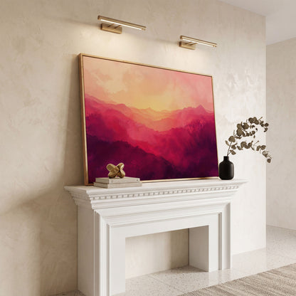 Pink Mountain Landscape Canvas Print with Hazy Horizon in white oak floating frame