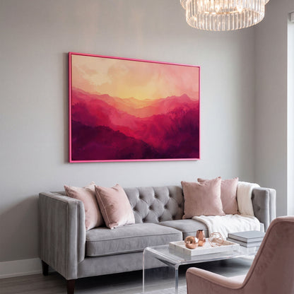 Pink Mountain Landscape Canvas Print with Hazy Horizon in pink floating frame