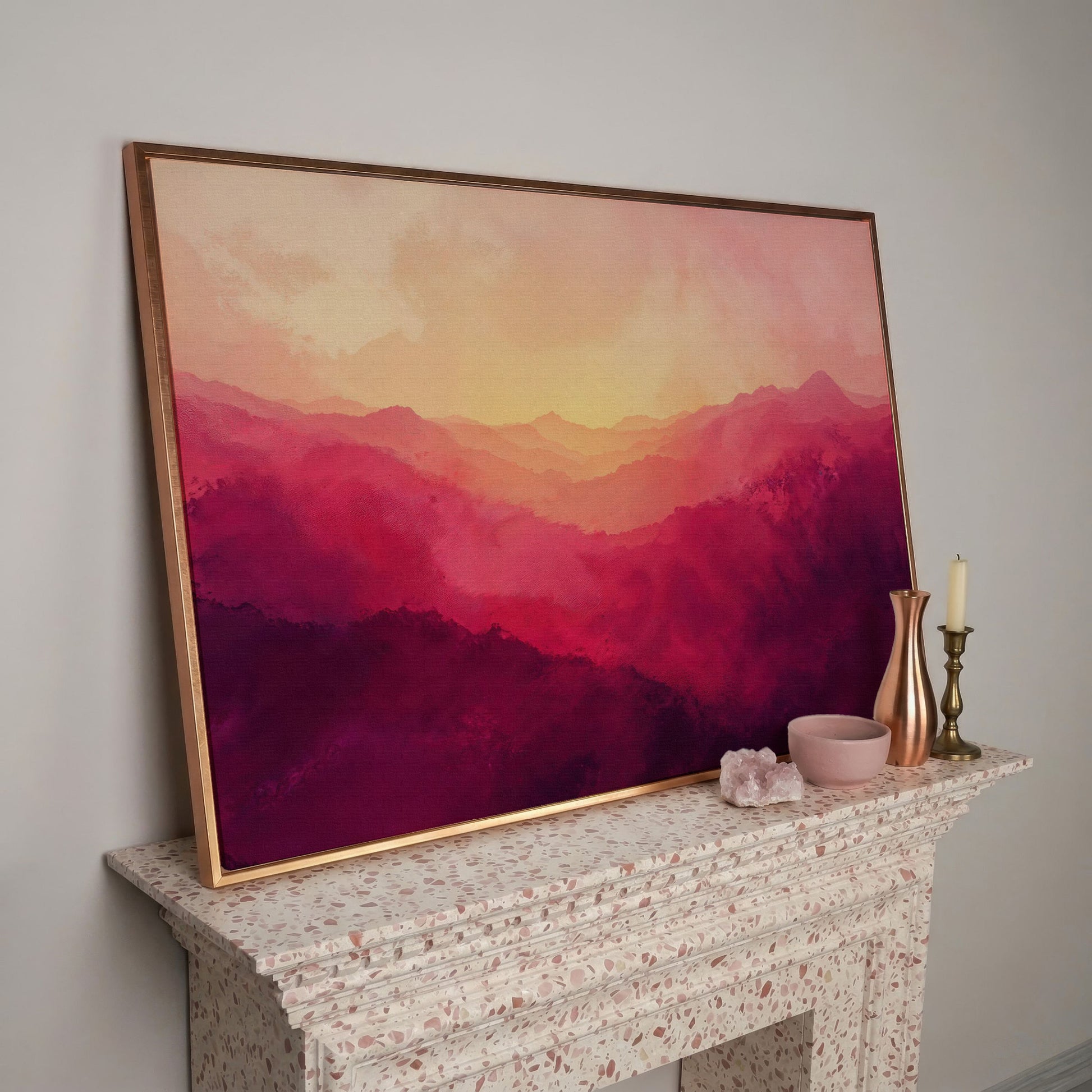 Pink Mountain Landscape Canvas Print with Hazy Horizon in rose gold floating frame